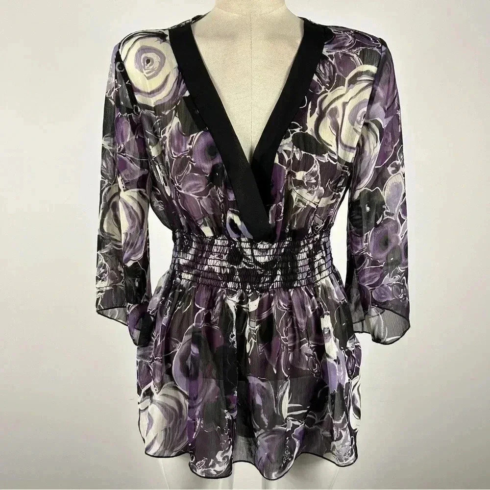 NWT Reitmans Purple Floral Smocked Blouse Size M Sheer V-Neck Peplum Top - Picture 2 of 12